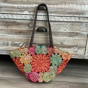 Colorful Floral Patterned Straw Handbag